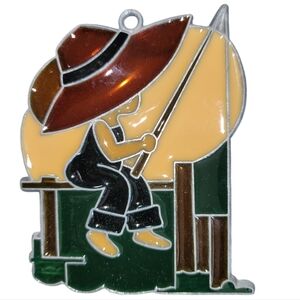 Vintage Stained Glass Huckleberry Sitting On Dock Fishing Suncatcher Ornament
